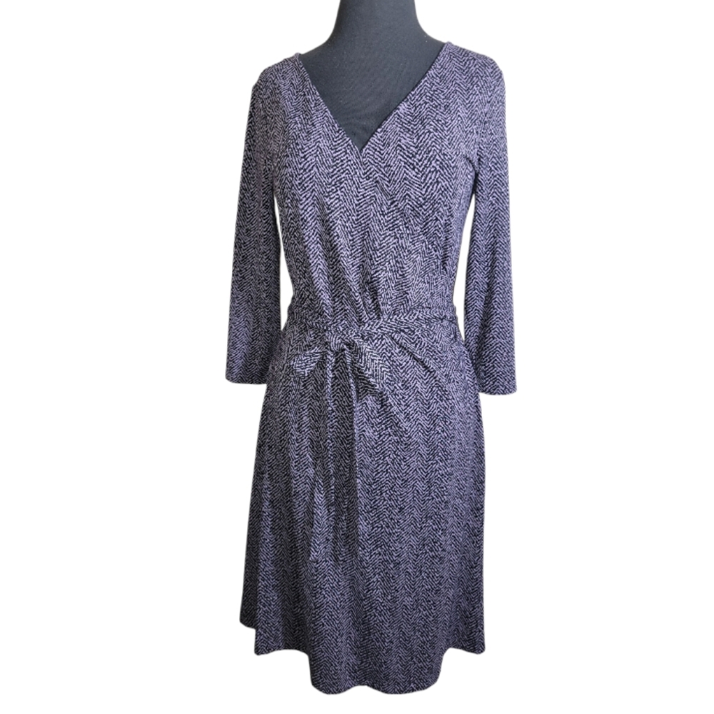 Talbots petite faux wrap dress size S/P purple black chevron stripe tie waist